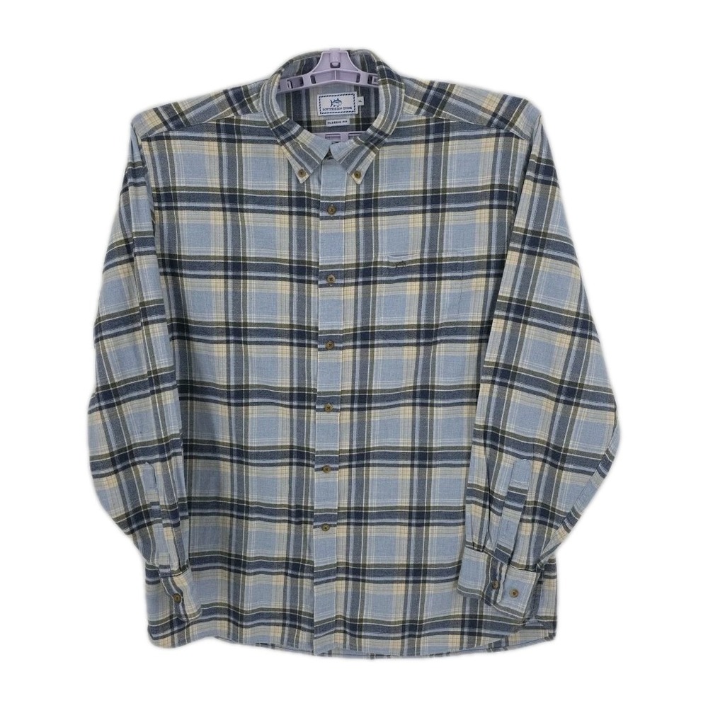 Southern Tide Men's Flannel‎ Shirt Blue Gray Yellow Plaid Long Sleeve Size XL